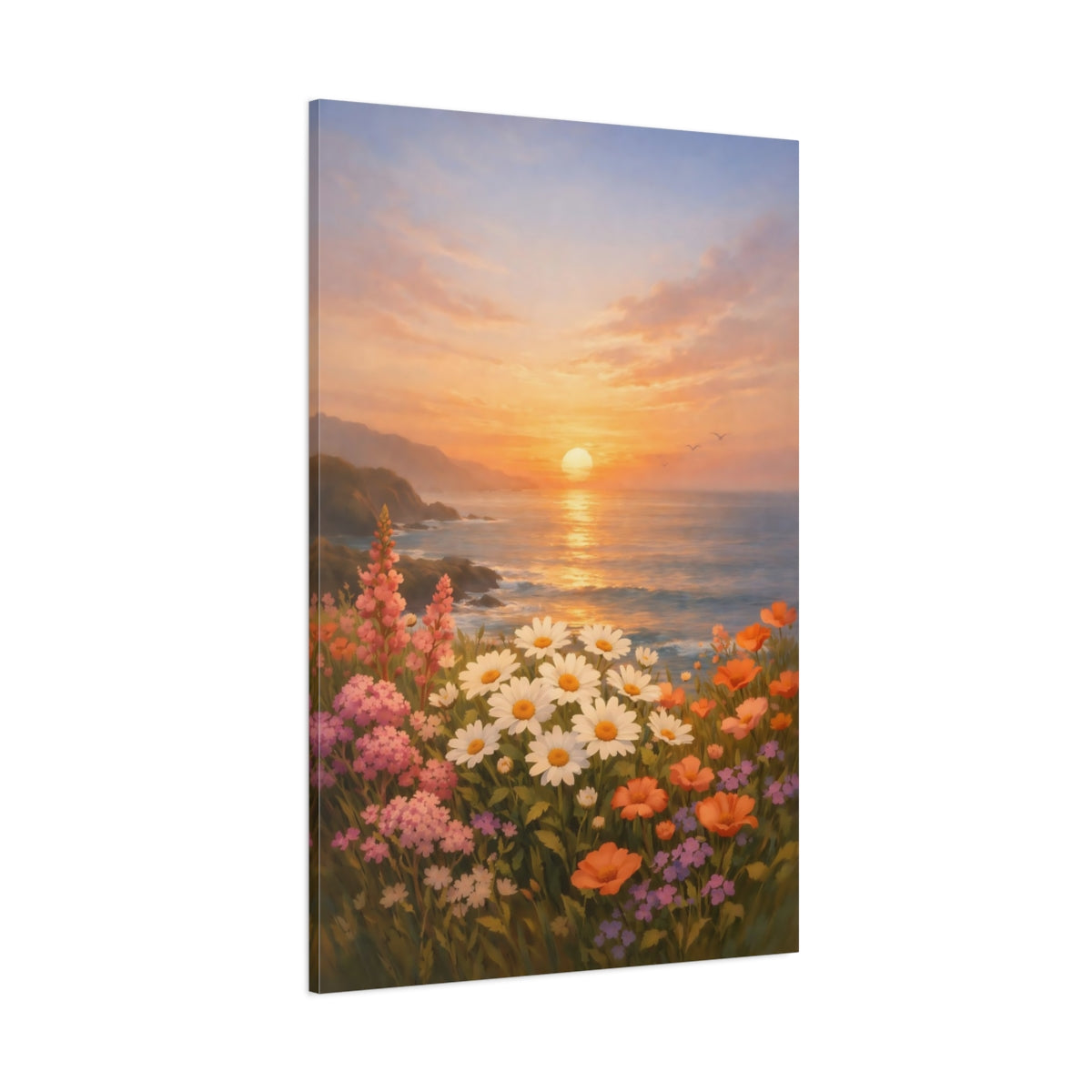 Main Mockup. Nature Wildflowers Sunset Floral Coast shown as stretched canvas wall art