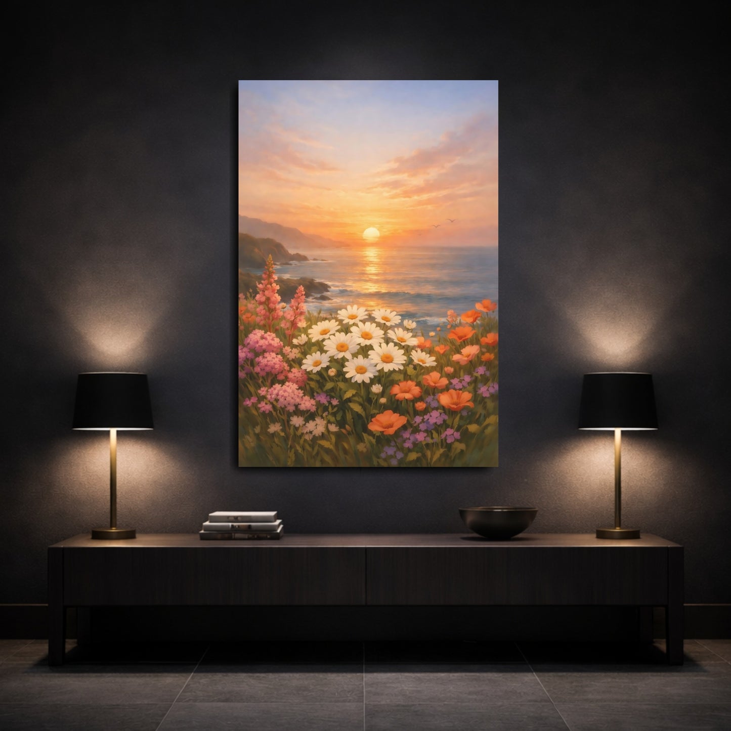 Mockup 2. Nature Wildflowers Sunset Floral Coast shown as stretched canvas wall art
