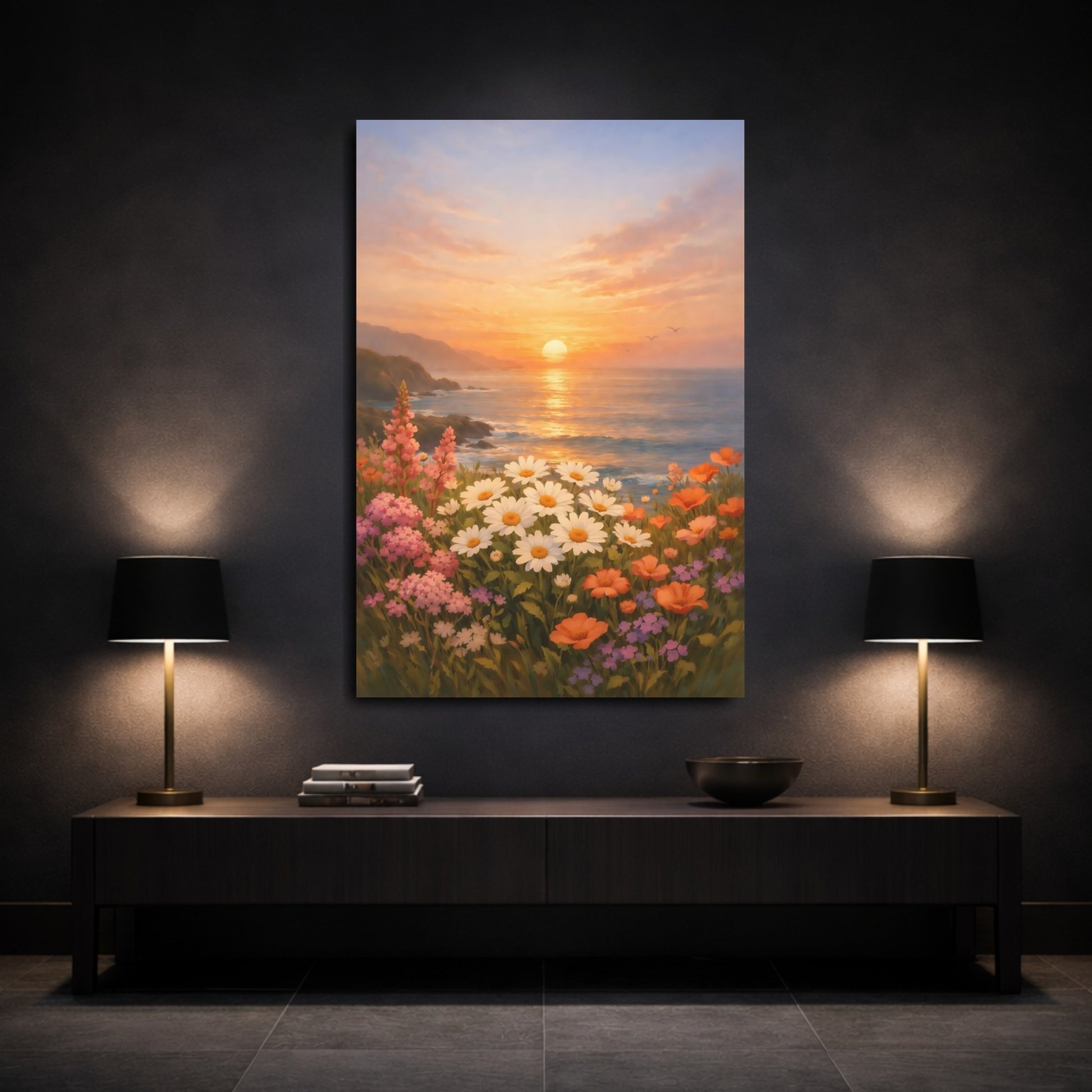Mockup 2. Nature Wildflowers Sunset Floral Coast shown as stretched canvas wall art