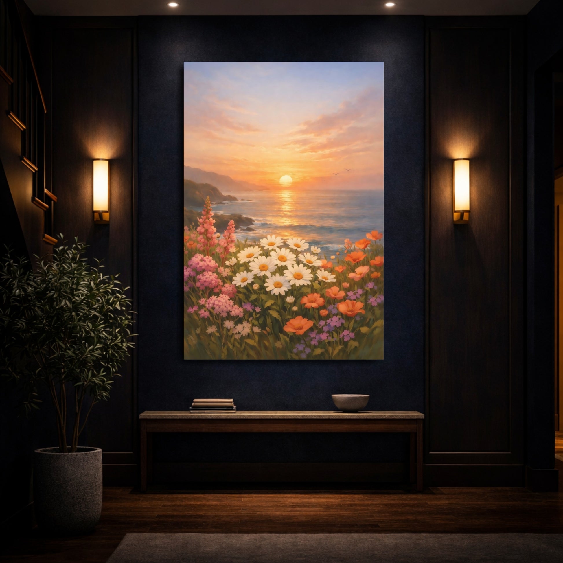 Mockup 3. Nature Wildflowers Sunset Floral Coast shown as stretched canvas wall art