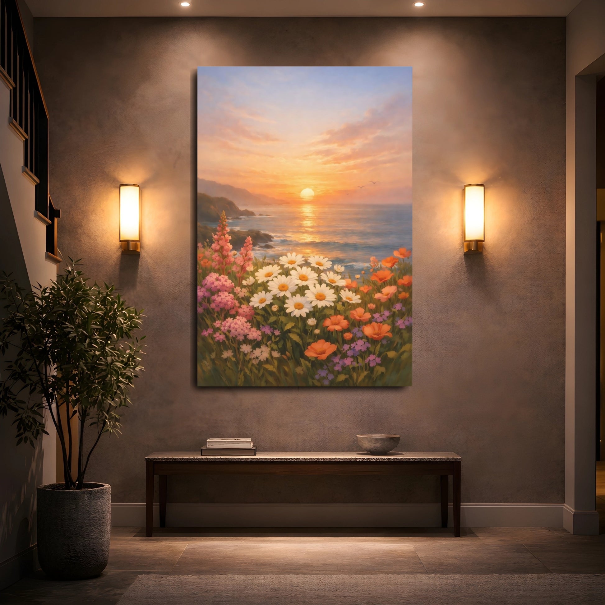 Mockup 4. Nature Wildflowers Sunset Floral Coast shown as stretched canvas wall art