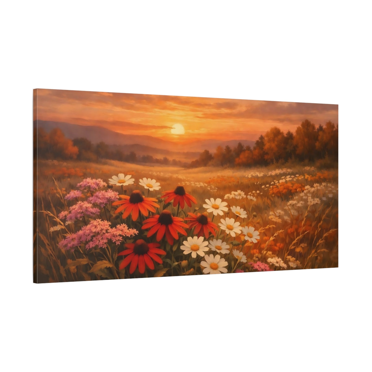 Main Mockup. Nature Wildflowers Sunset Flower Field shown as stretched canvas wall art