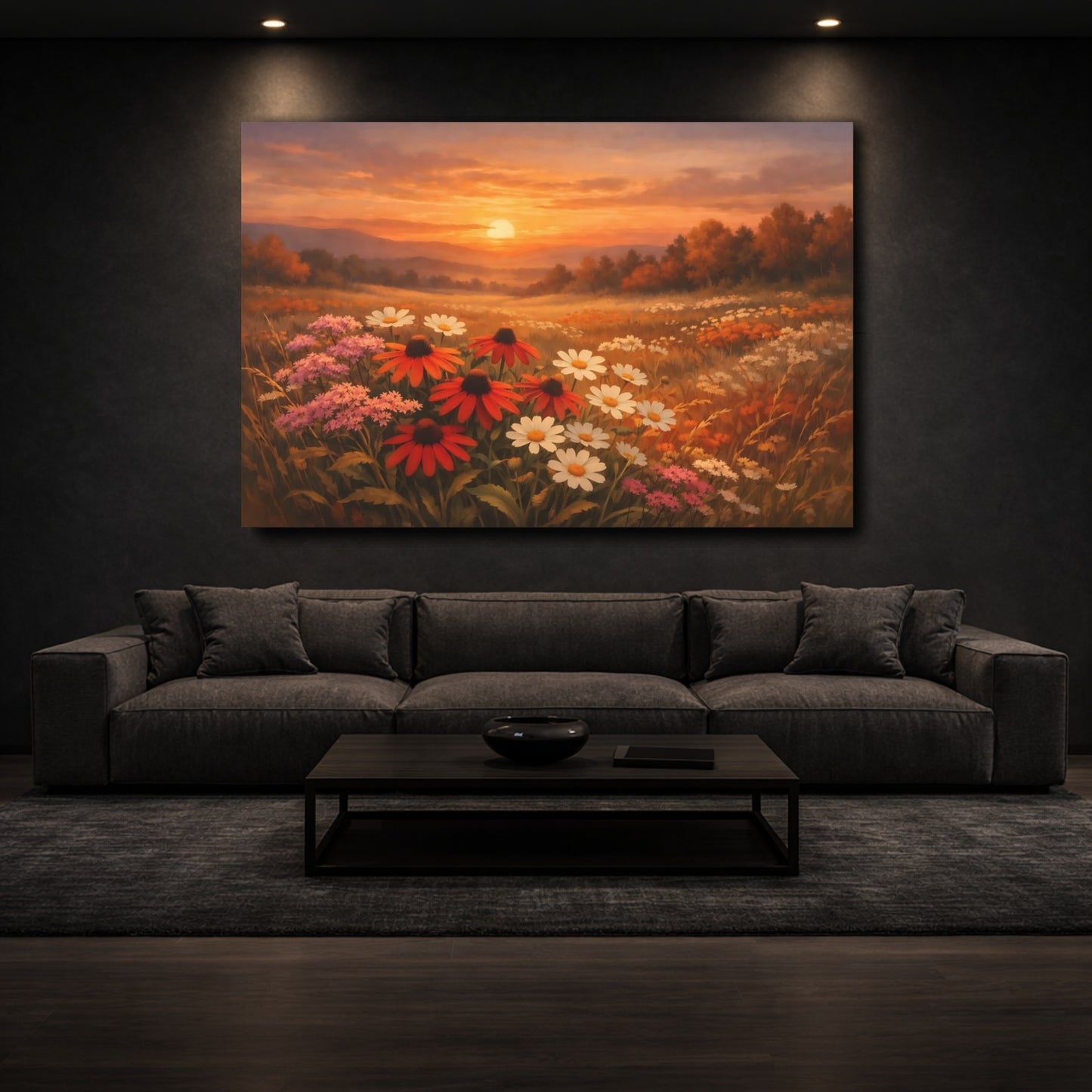 Mockup 2. Nature Wildflowers Sunset Flower Field shown as stretched canvas wall art