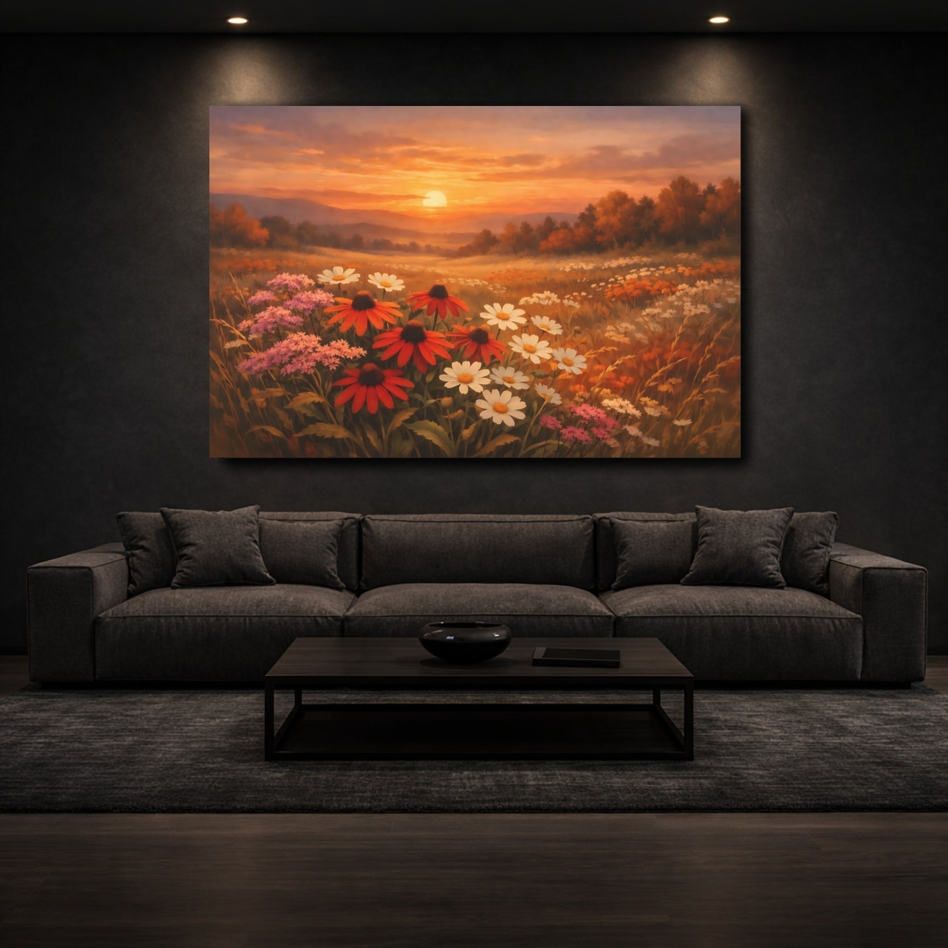 Mockup 2. Nature Wildflowers Sunset Flower Field shown as stretched canvas wall art