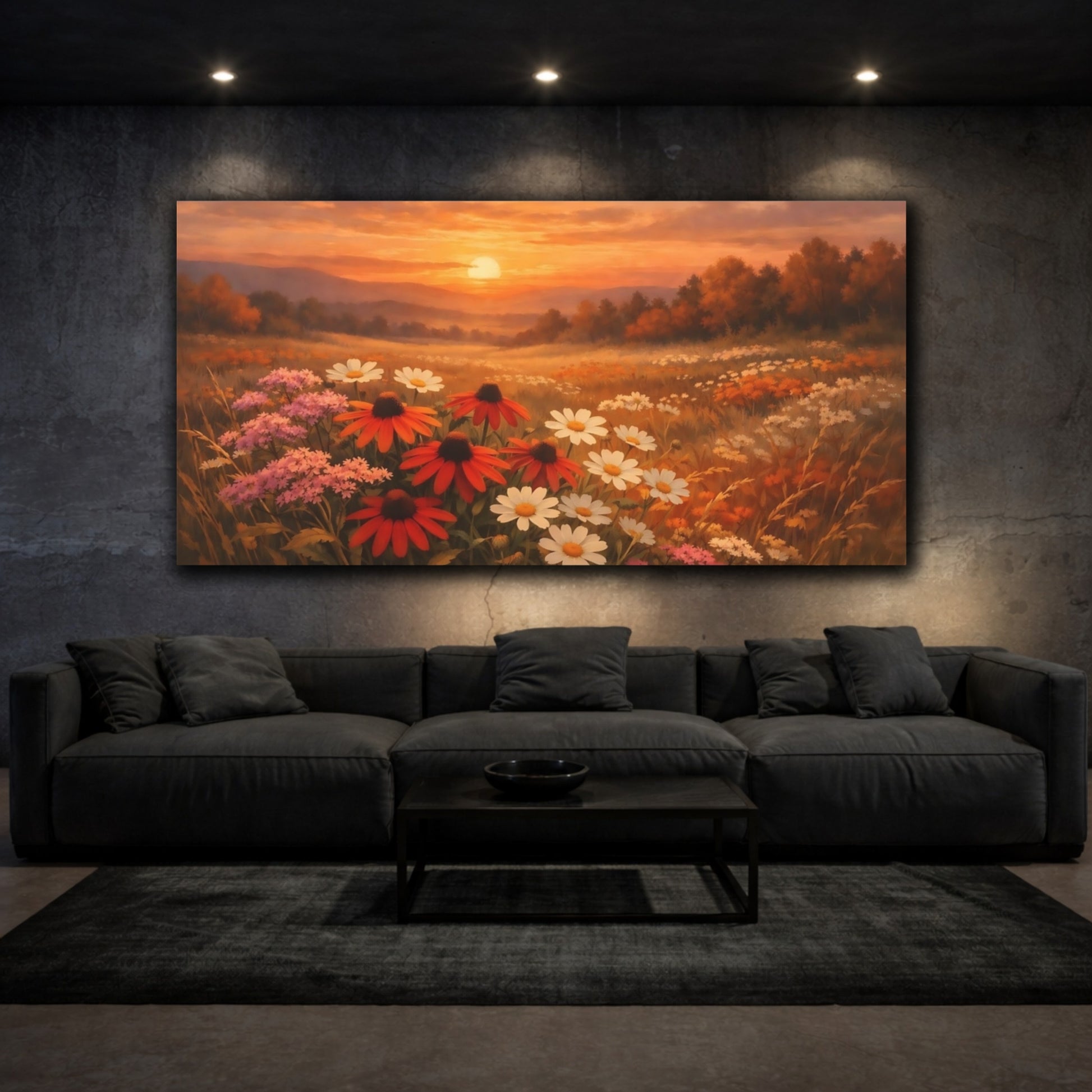 Mockup 2. Nature Wildflowers Sunset Flower Field shown as stretched canvas wall art