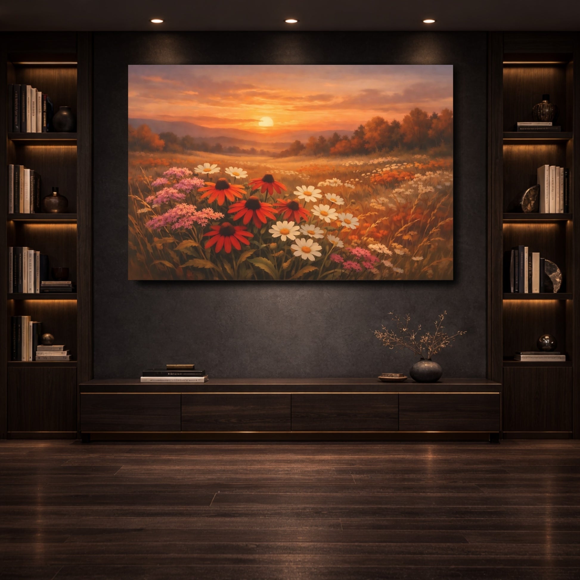 Mockup 3. Nature Wildflowers Sunset Flower Field shown as stretched canvas wall art