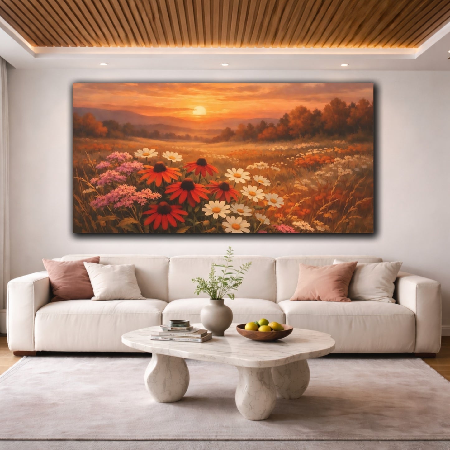 Mockup 3. Nature Wildflowers Sunset Flower Field shown as stretched canvas wall art