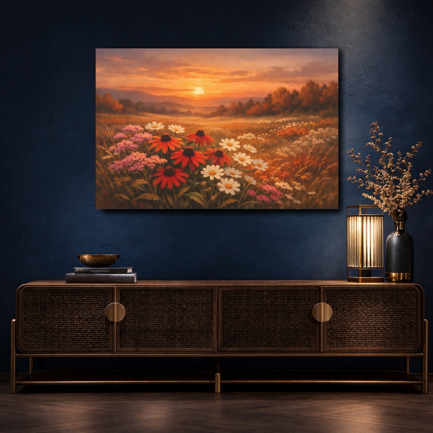 Mockup 4. Nature Wildflowers Sunset Flower Field shown as stretched canvas wall art