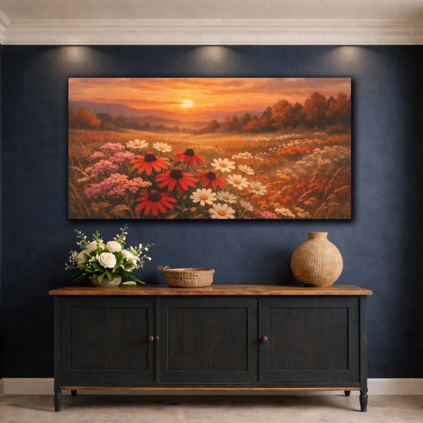 Mockup 4. Nature Wildflowers Sunset Flower Field shown as stretched canvas wall art