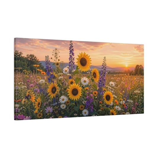 Main Mockup. Nature Wildflowers Sunset Wildflowers shown as stretched canvas wall art