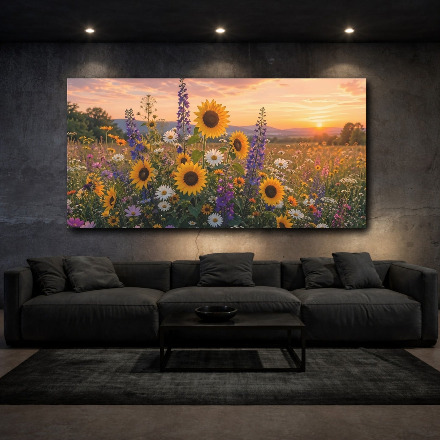 Mockup 2. Nature Wildflowers Sunset Wildflowers shown as stretched canvas wall art
