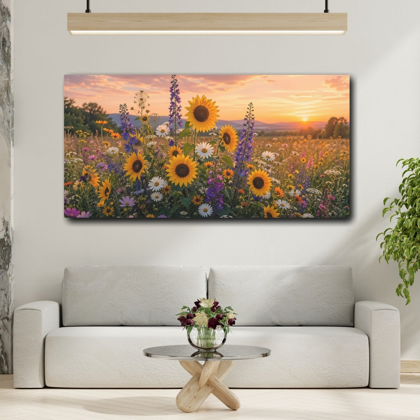 Mockup 3. Nature Wildflowers Sunset Wildflowers shown as stretched canvas wall art