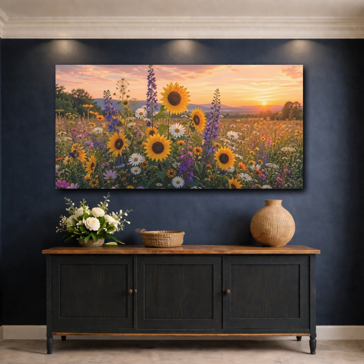 Mockup 4. Nature Wildflowers Sunset Wildflowers shown as stretched canvas wall art