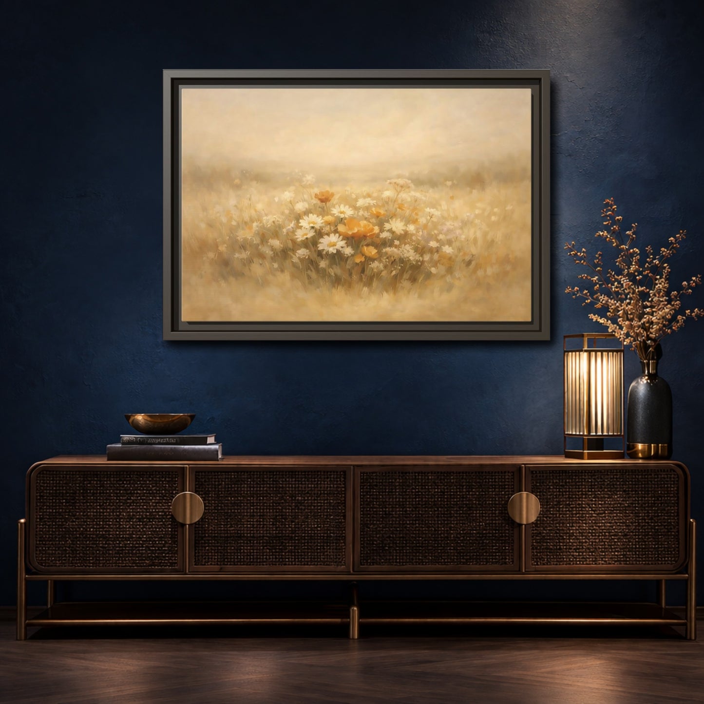 Mockup 4. Nature Wildflowers Warm Yellows shown as stretched canvas wall art