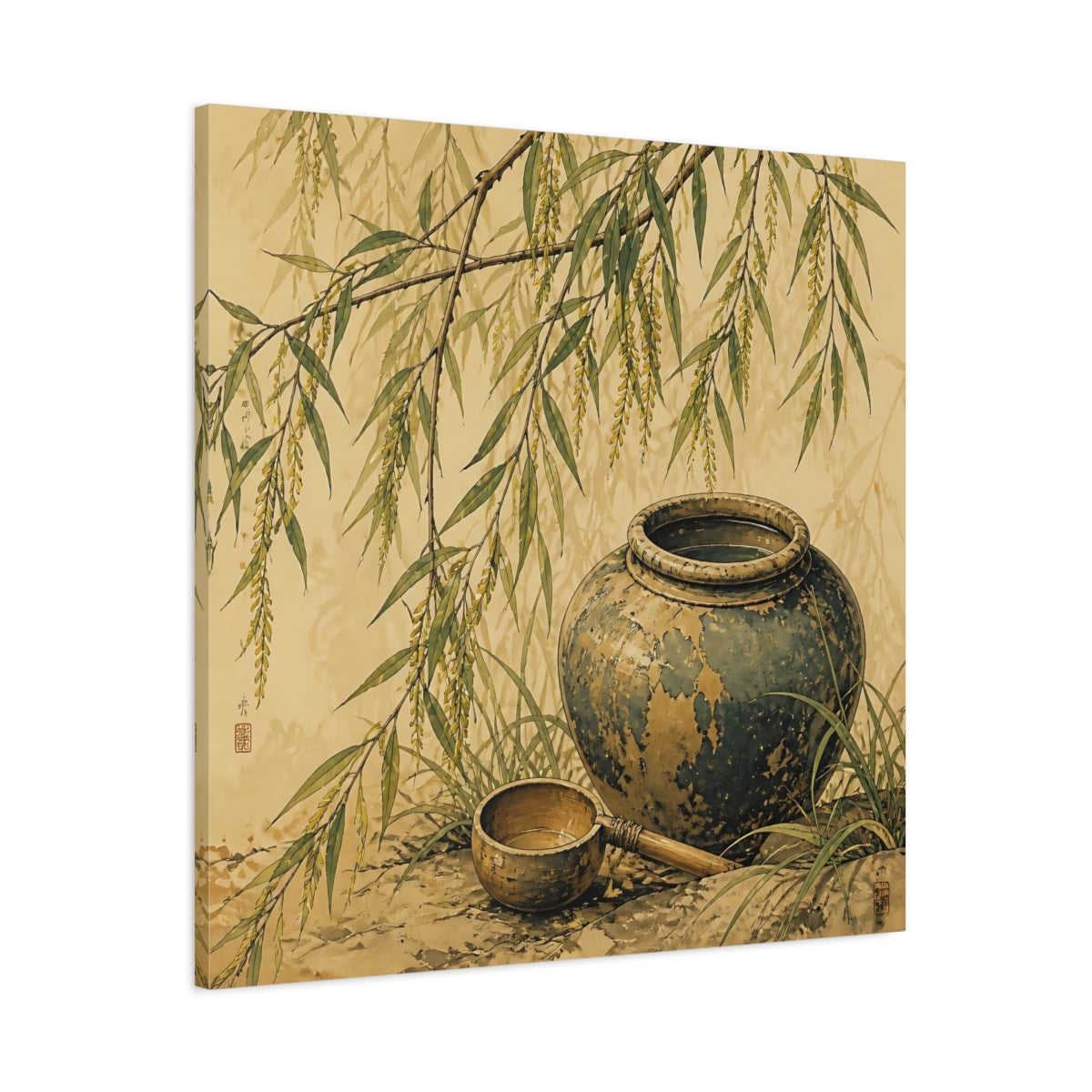 Main Mockup. Nature Willow Branches Earthy Green shown as stretched canvas wall art