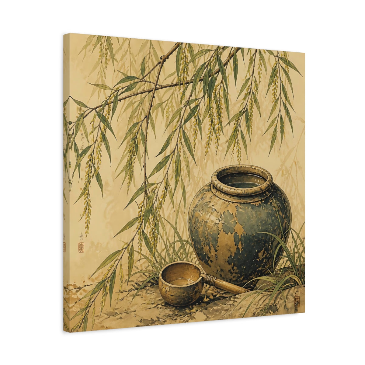 Side Mockup 4. Nature Willow Branches Earthy Green shown as stretched canvas wall art