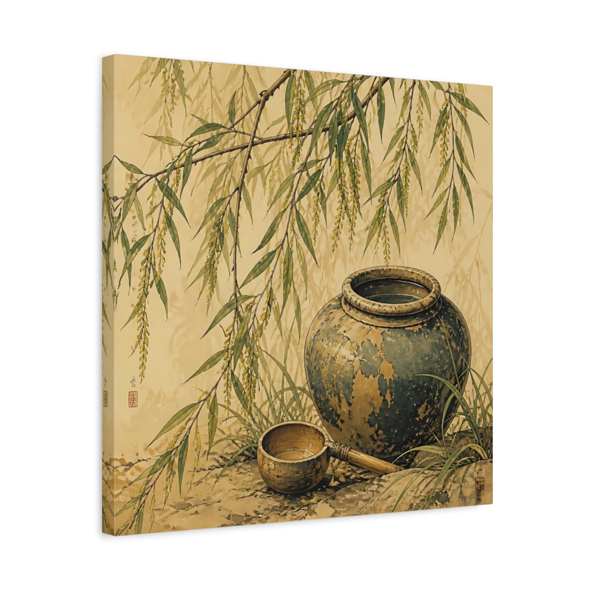 Side Mockup 5. Nature Willow Branches Earthy Green shown as stretched canvas wall art
