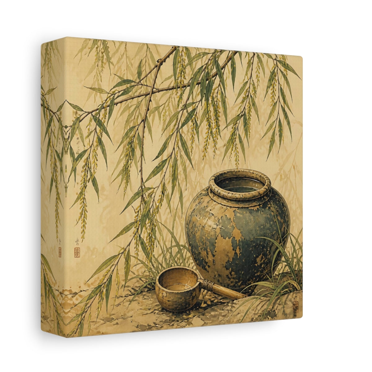 Side Mockup 2. Nature Willow Branches Earthy Green shown as stretched canvas wall art