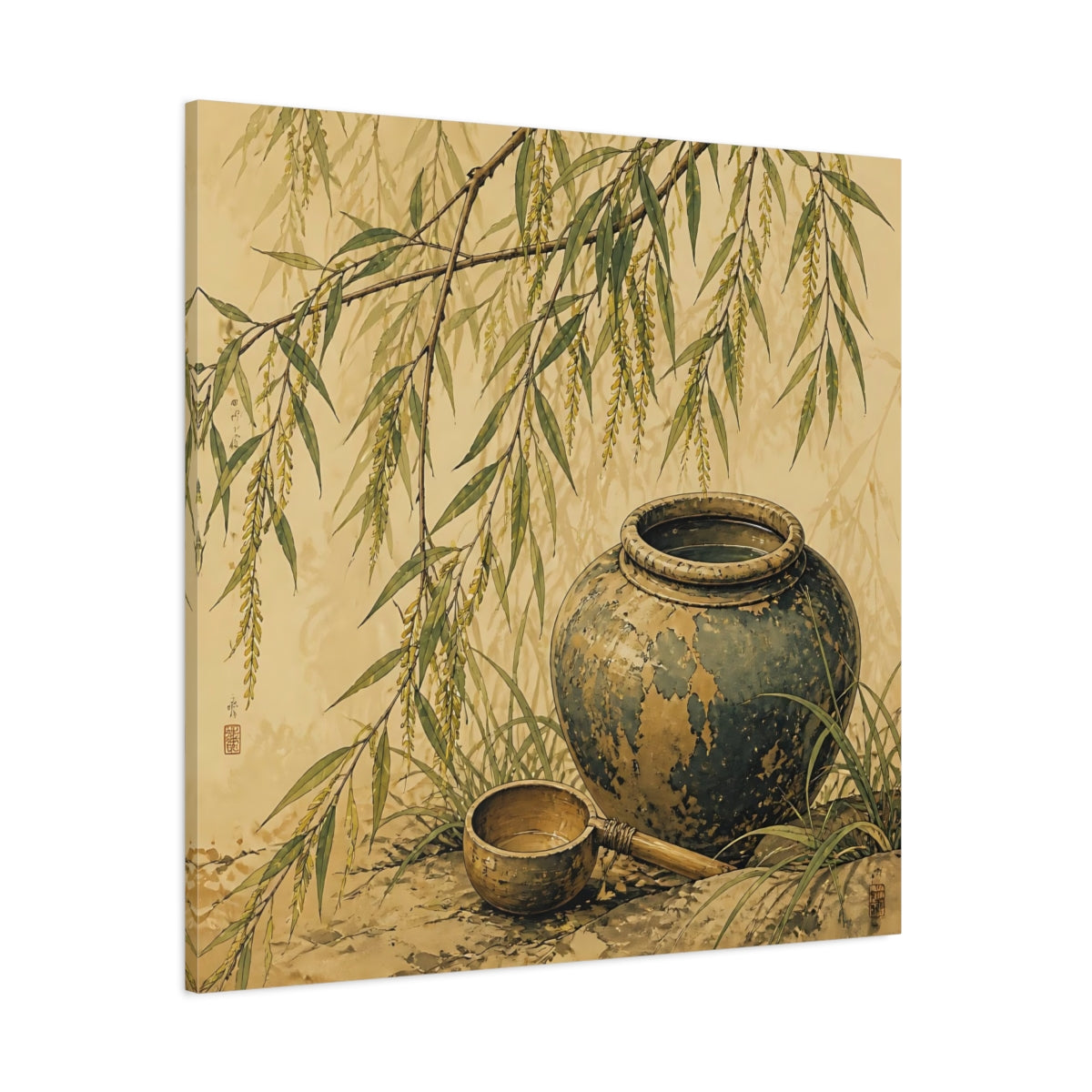 Side Mockup 1. Nature Willow Branches Earthy Green shown as stretched canvas wall art