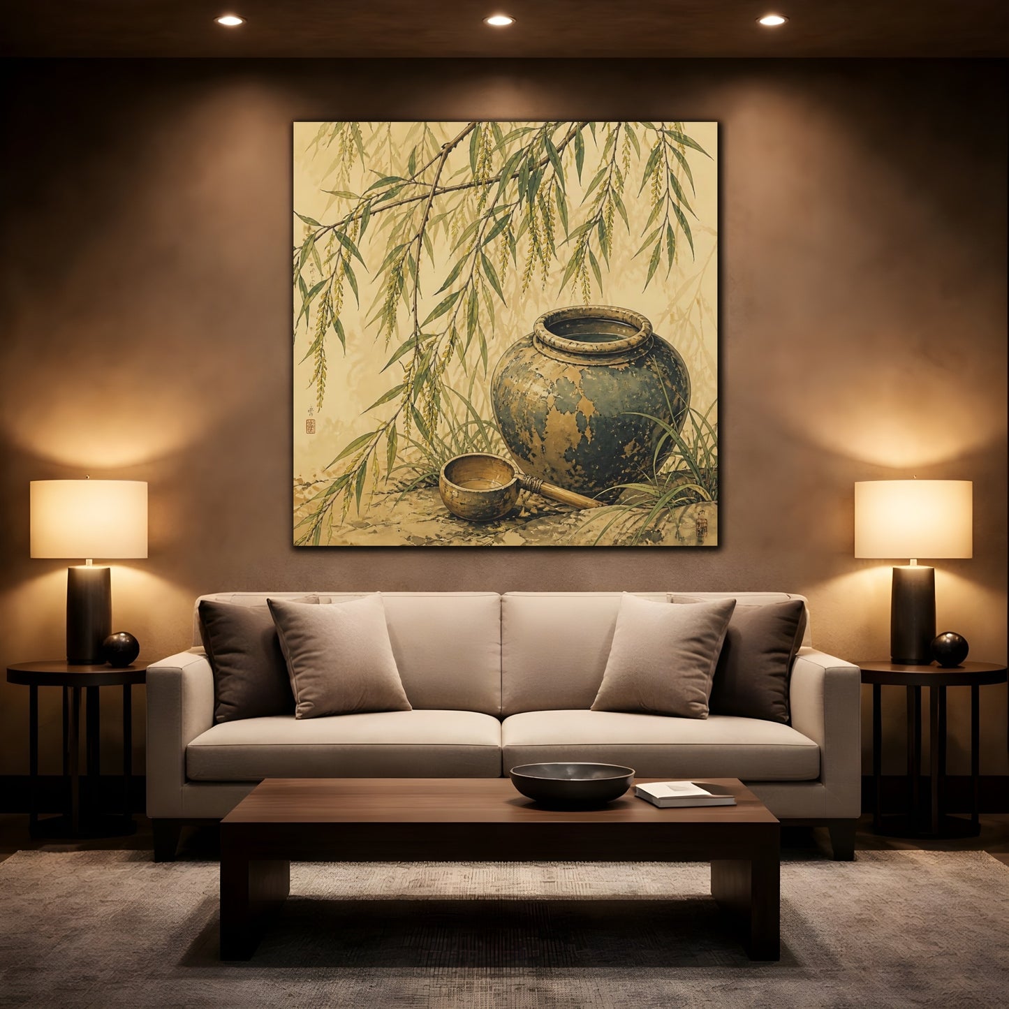 Mockup 2. Nature Willow Branches Earthy Green shown as stretched canvas wall art