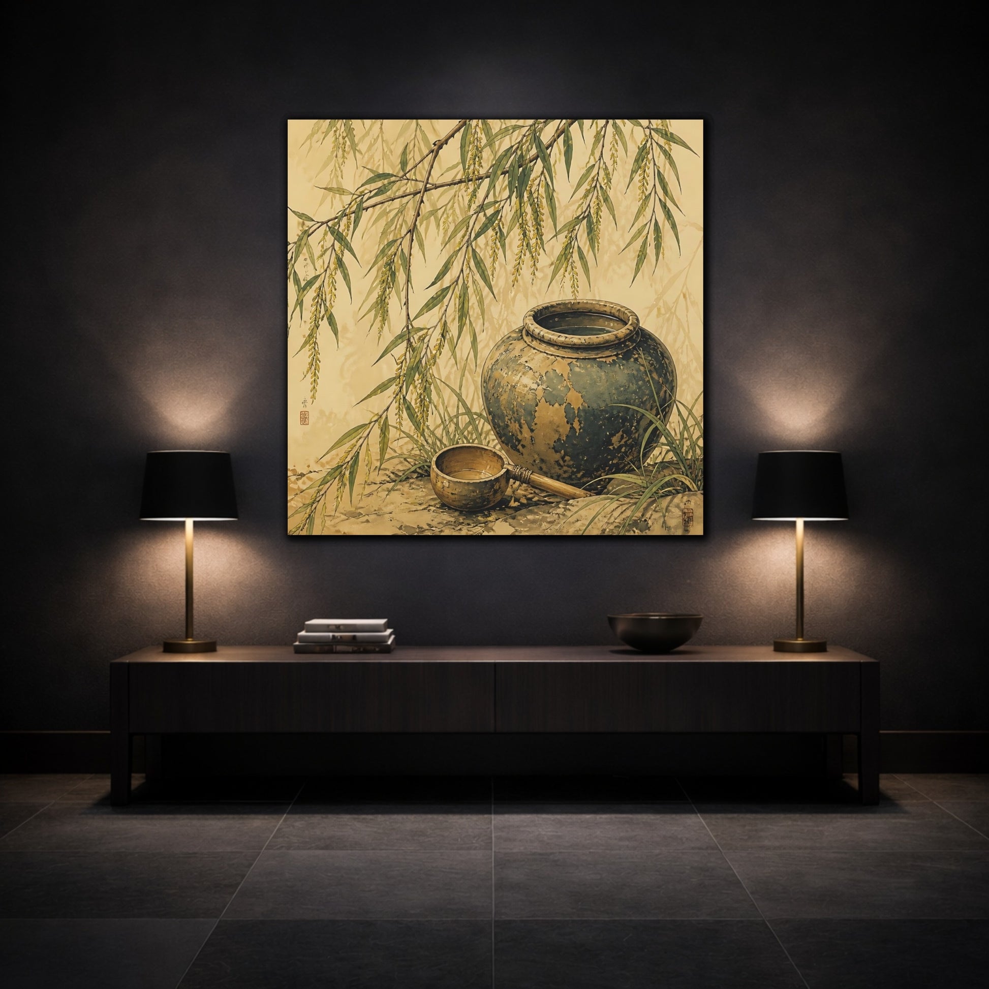Mockup 3. Nature Willow Branches Earthy Green shown as stretched canvas wall art