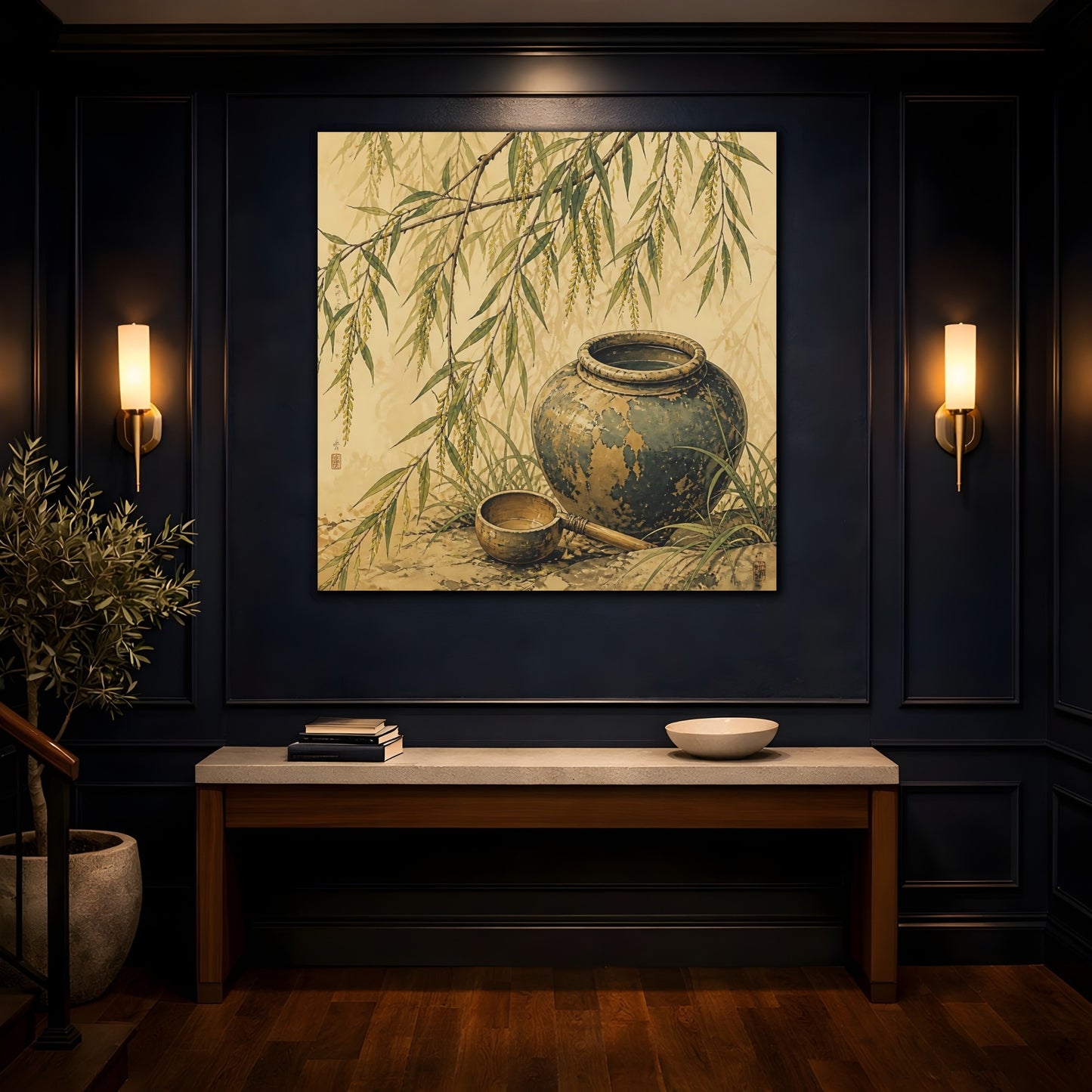 Mockup 4. Nature Willow Branches Earthy Green shown as stretched canvas wall art