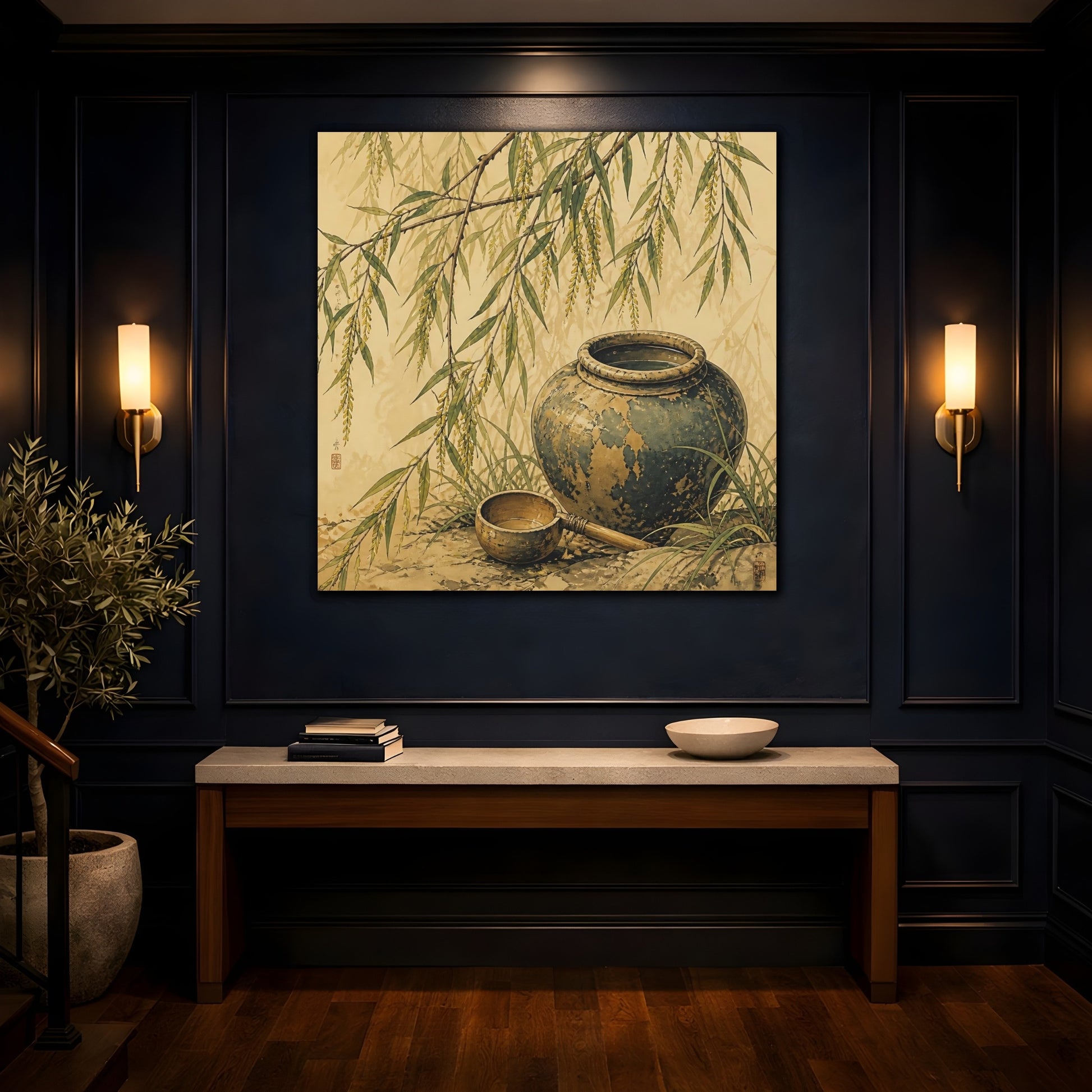 Mockup 4. Nature Willow Branches Earthy Green shown as stretched canvas wall art