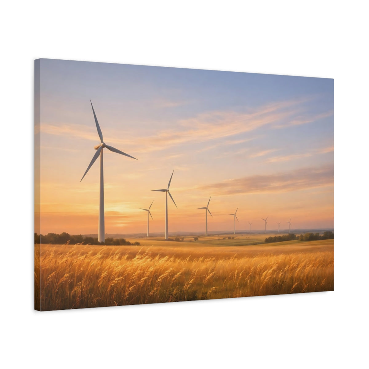 Side Mockup 2. Nature Wind Farm Golden Hour Wind Farm shown as stretched canvas wall art