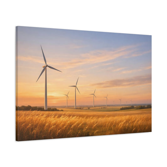 Main Mockup. Nature Wind Farm Golden Hour Wind Farm shown as stretched canvas wall art