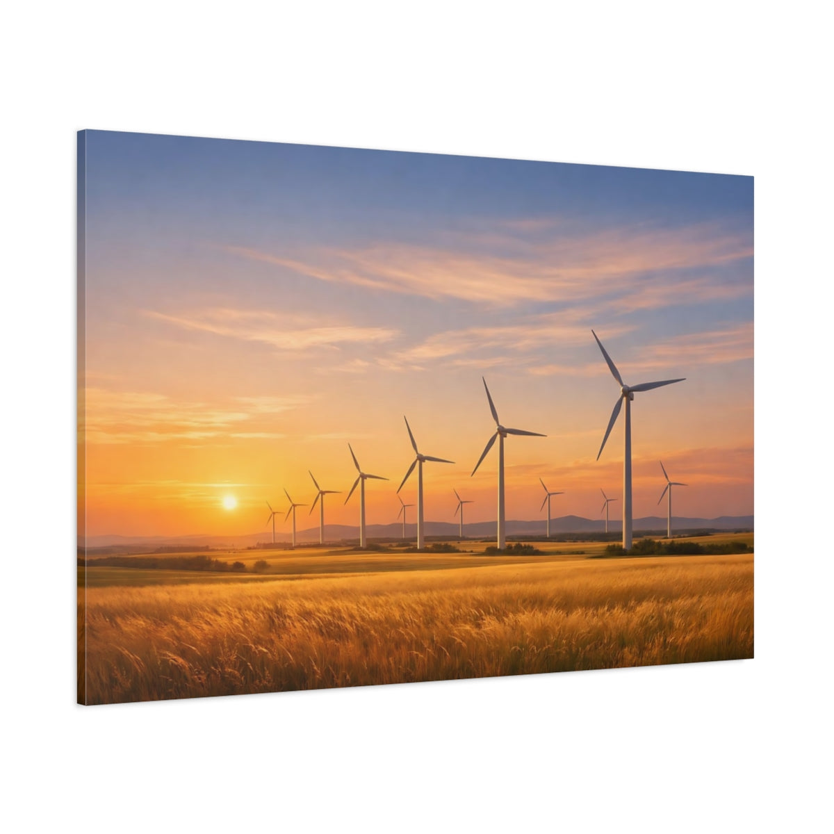 Side Mockup 1. Nature Wind Turbines Wind Turbines Sunset shown as stretched canvas wall art