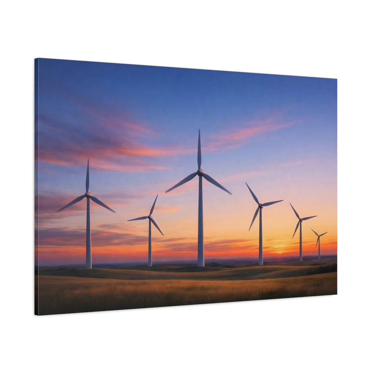 Side Mockup 1. Nature Wind Turbines Wind Turbines Sunset shown as stretched canvas wall art