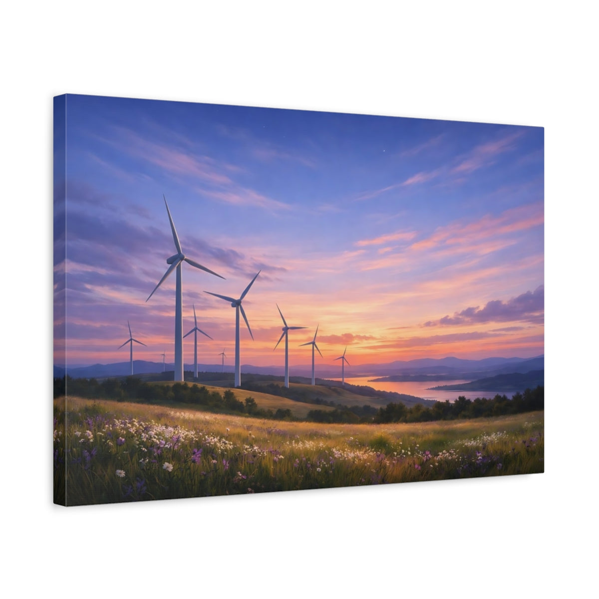 Side Mockup 3. Nature Wind Turbines Sunset Wind Turbines shown as stretched canvas wall art