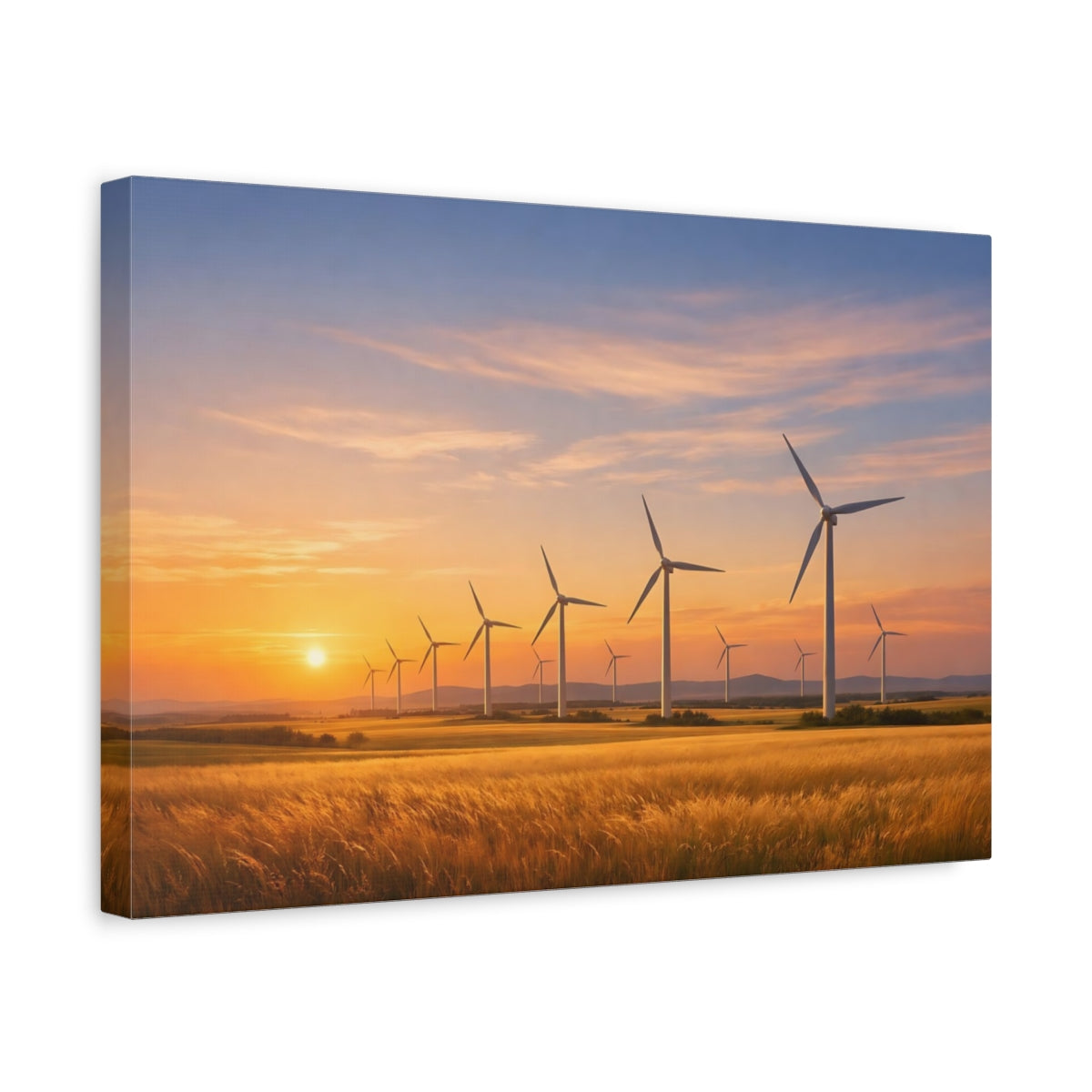 Side Mockup 4. Nature Wind Turbines Wind Turbines Sunset shown as stretched canvas wall art