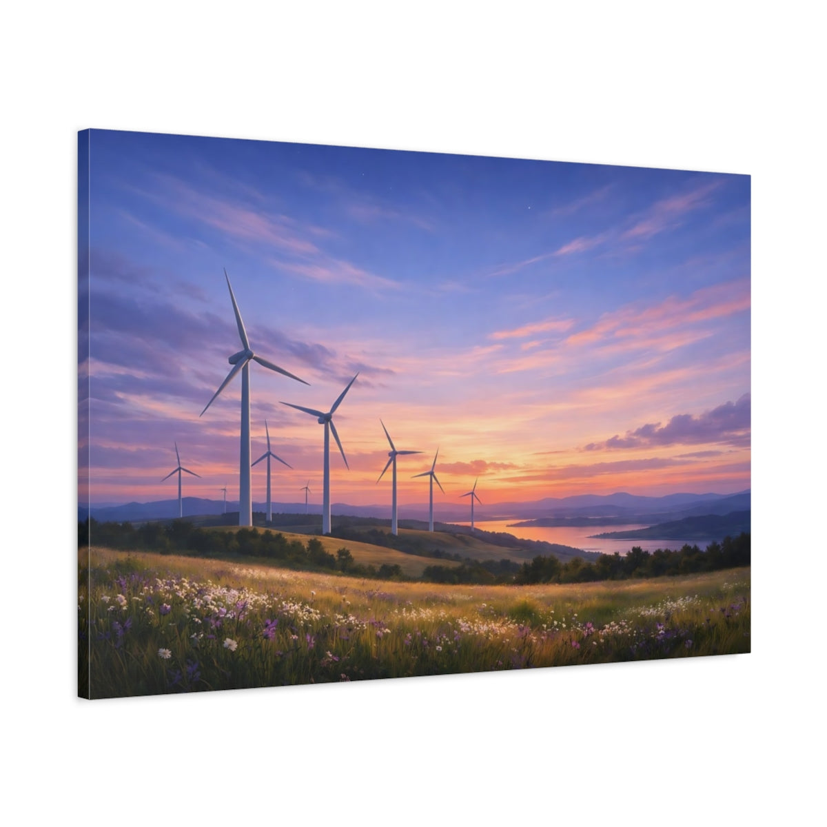 Main Mockup. Nature Wind Turbines Sunset Wind Turbines shown as stretched canvas wall art