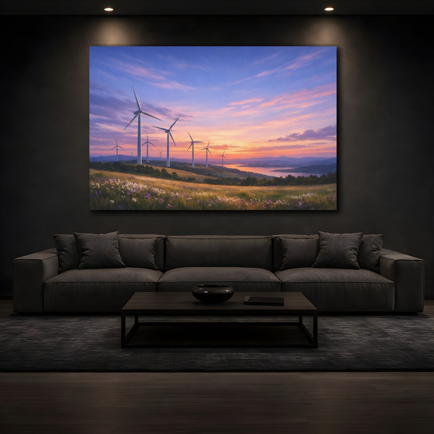 Mockup 2. Nature Wind Turbines Sunset Wind Turbines shown as stretched canvas wall art