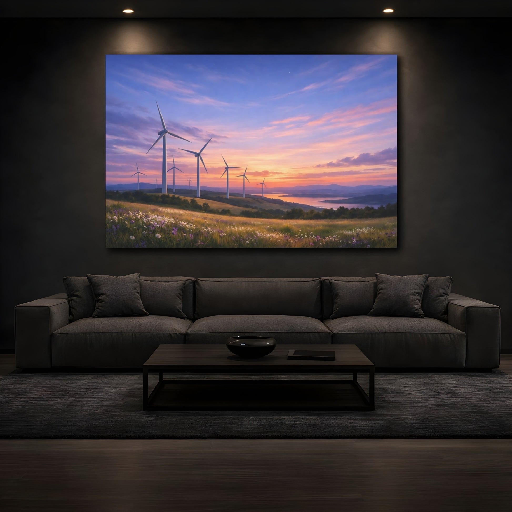Mockup 2. Nature Wind Turbines Sunset Wind Turbines shown as stretched canvas wall art