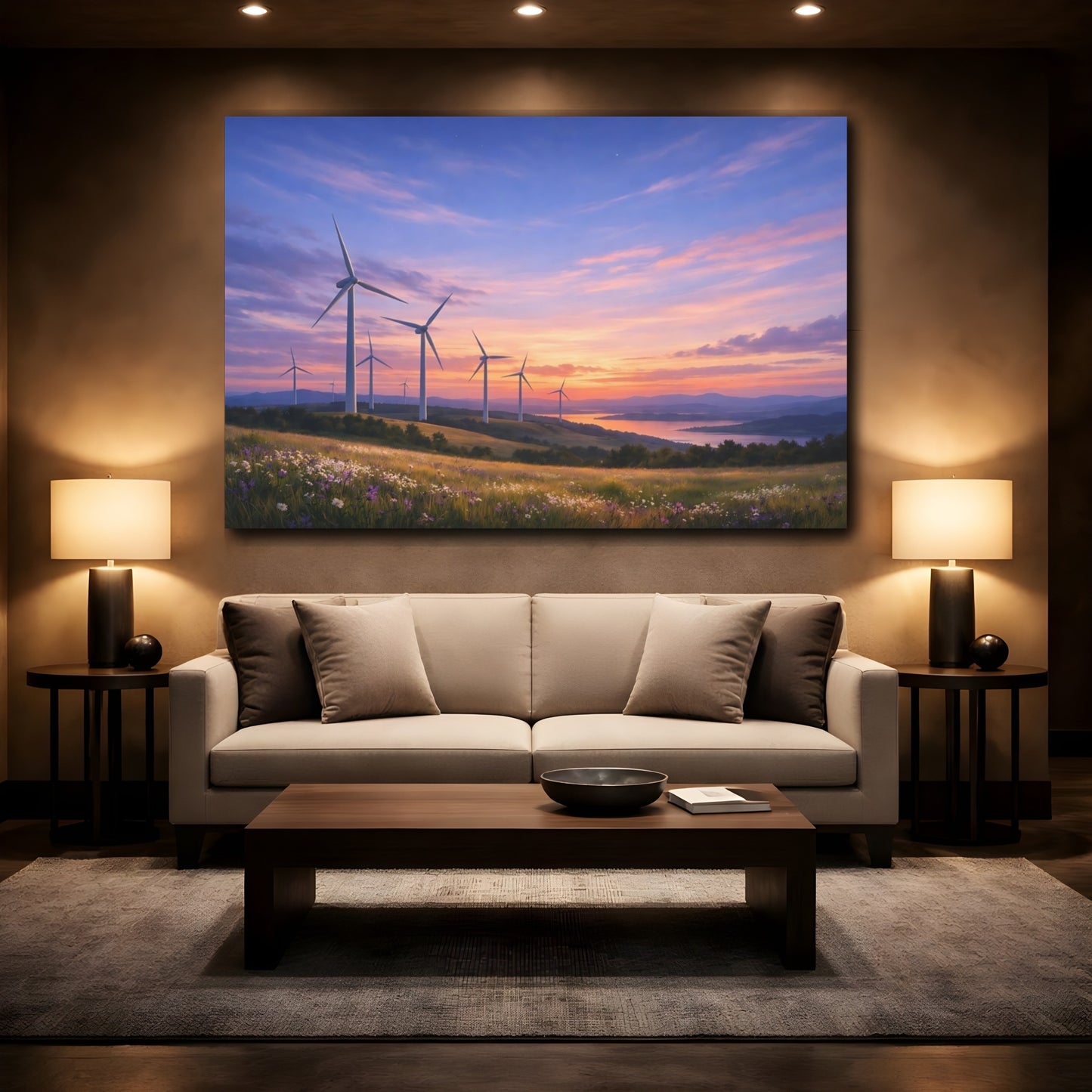 Mockup 3. Nature Wind Turbines Sunset Wind Turbines shown as stretched canvas wall art