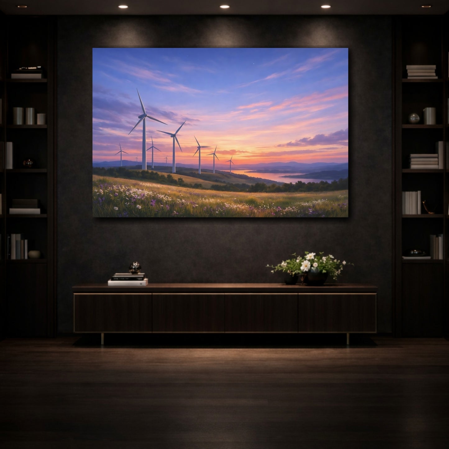 Mockup 4. Nature Wind Turbines Sunset Wind Turbines shown as stretched canvas wall art