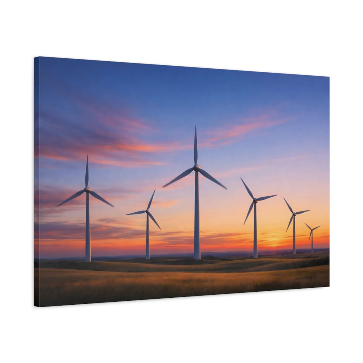 Main Mockup. Nature Wind Turbines Wind Turbines Sunset shown as stretched canvas wall art