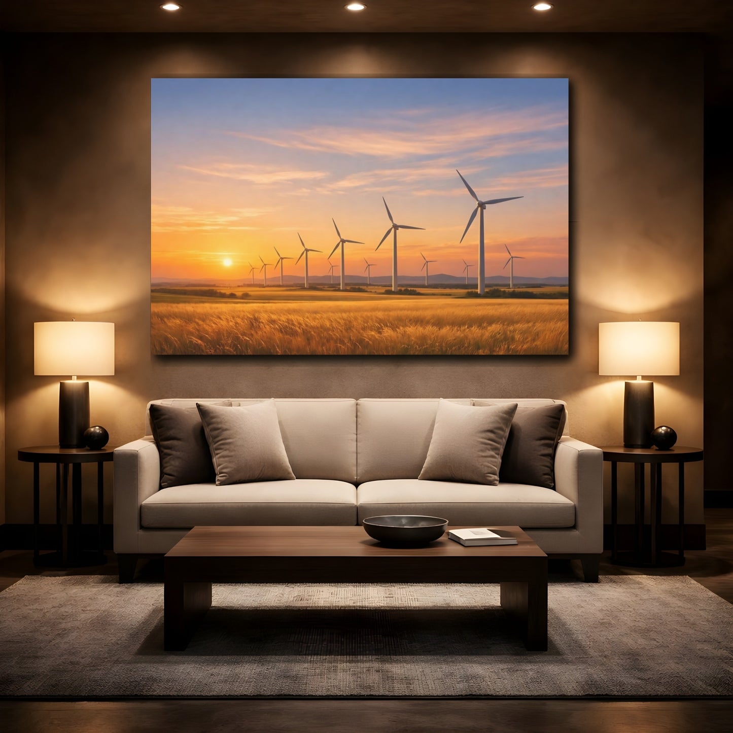 Mockup 2. Nature Wind Turbines Wind Turbines Sunset shown as stretched canvas wall art