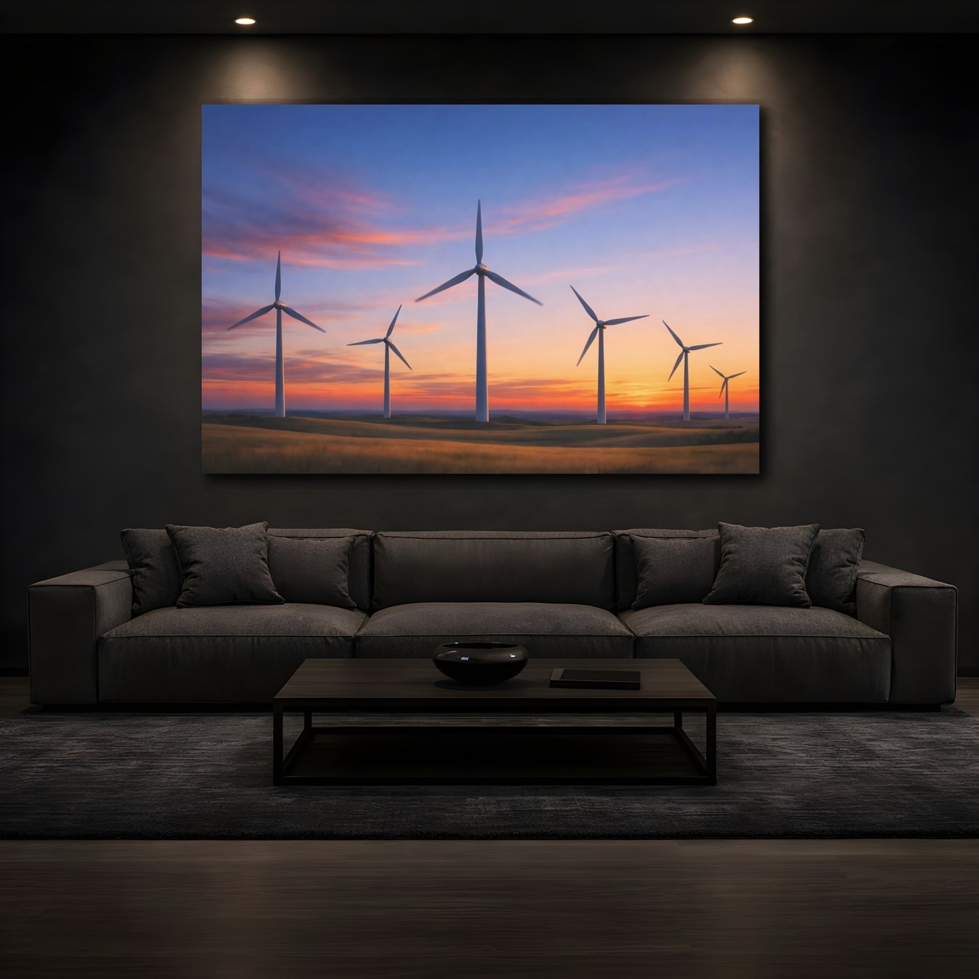 Mockup 2. Nature Wind Turbines Wind Turbines Sunset shown as stretched canvas wall art