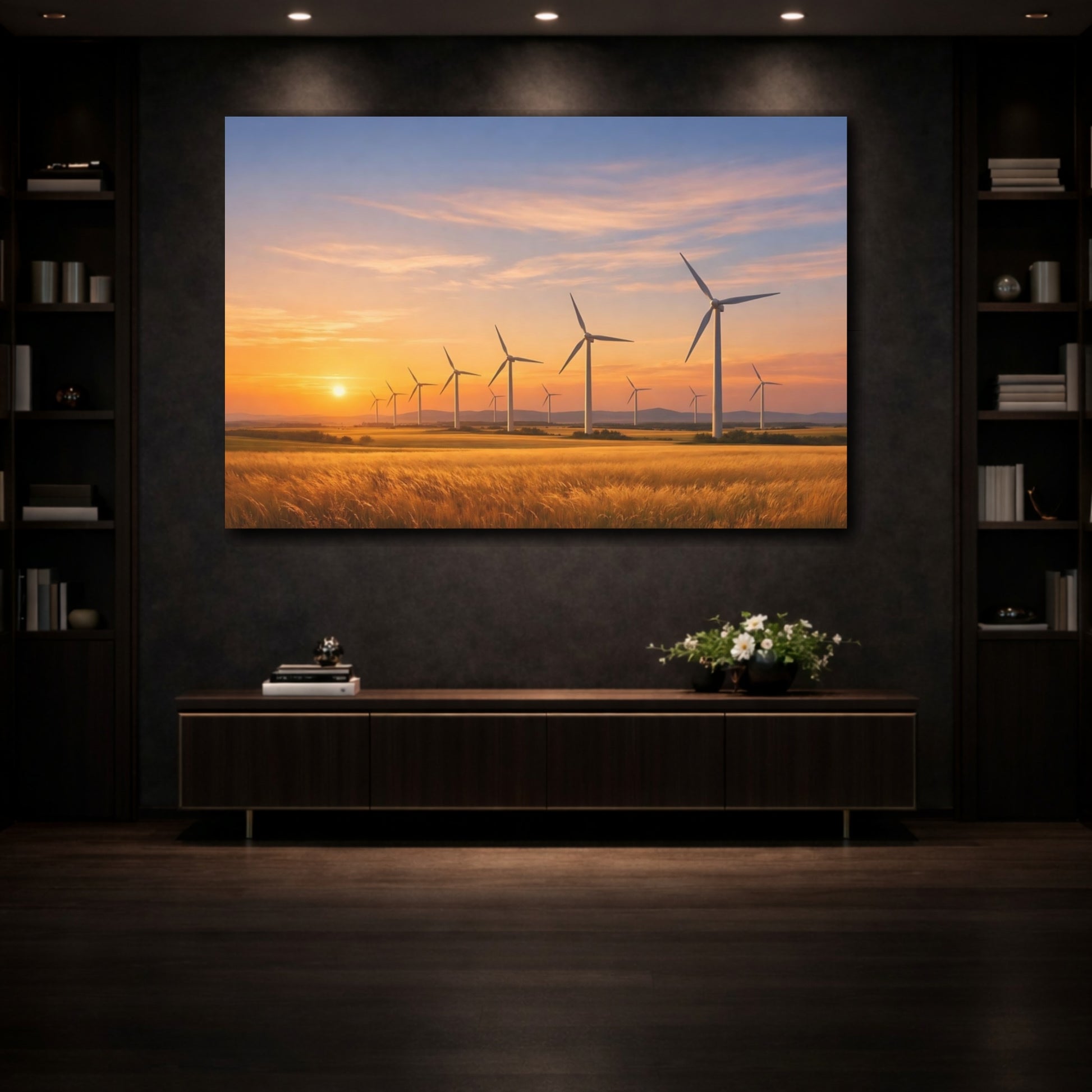 Mockup 3. Nature Wind Turbines Wind Turbines Sunset shown as stretched canvas wall art