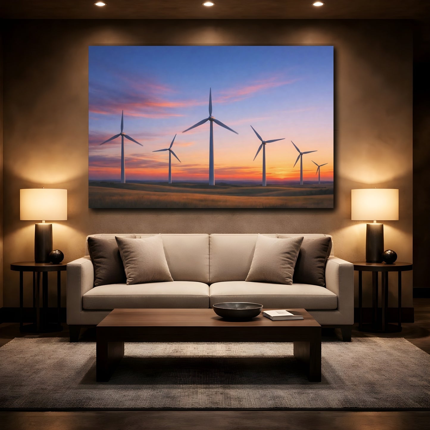 Mockup 3. Nature Wind Turbines Wind Turbines Sunset shown as stretched canvas wall art