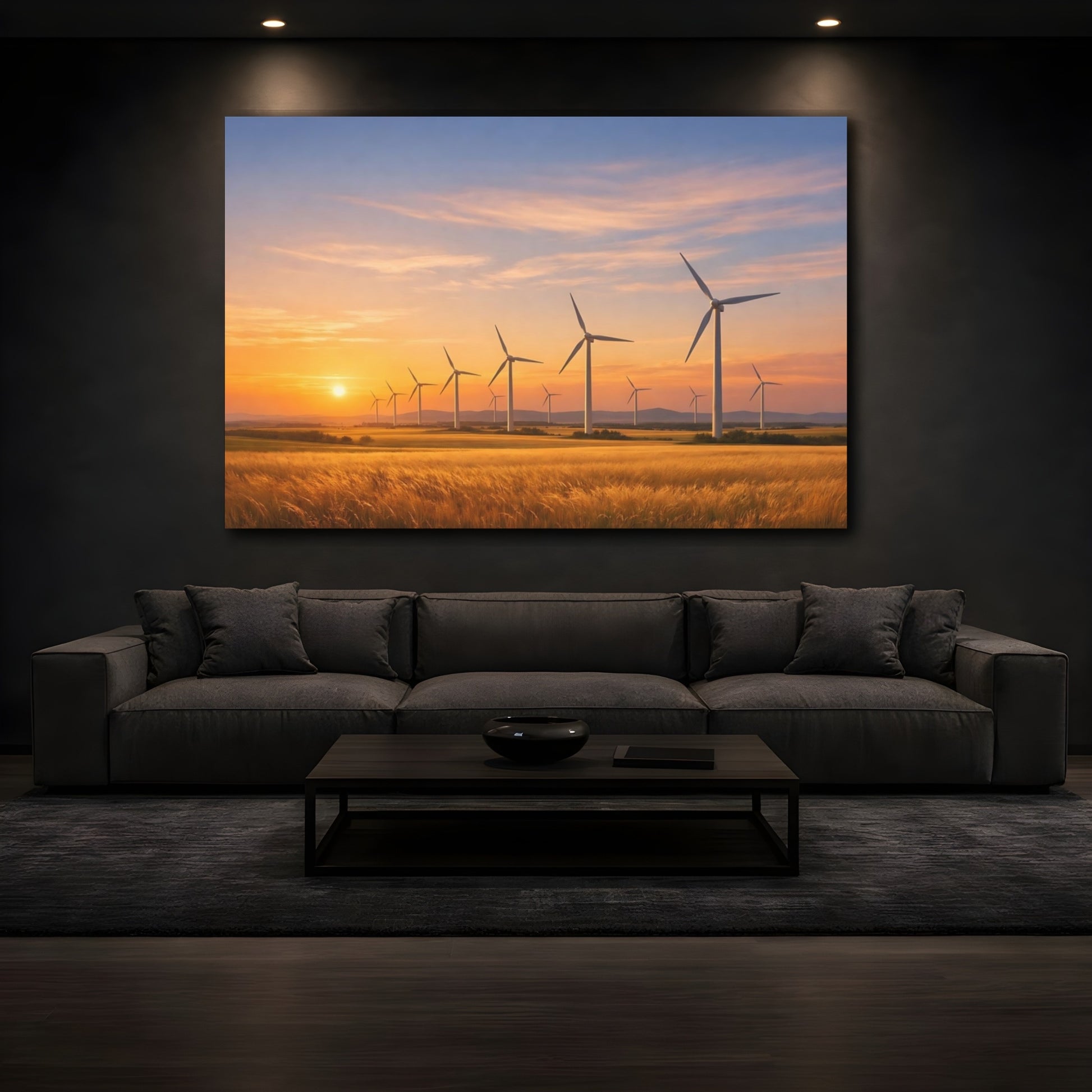Mockup 4. Nature Wind Turbines Wind Turbines Sunset shown as stretched canvas wall art