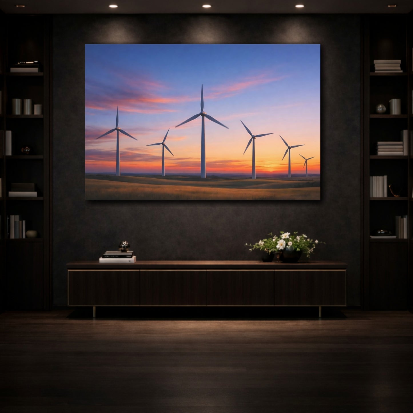 Mockup 4. Nature Wind Turbines Wind Turbines Sunset shown as stretched canvas wall art