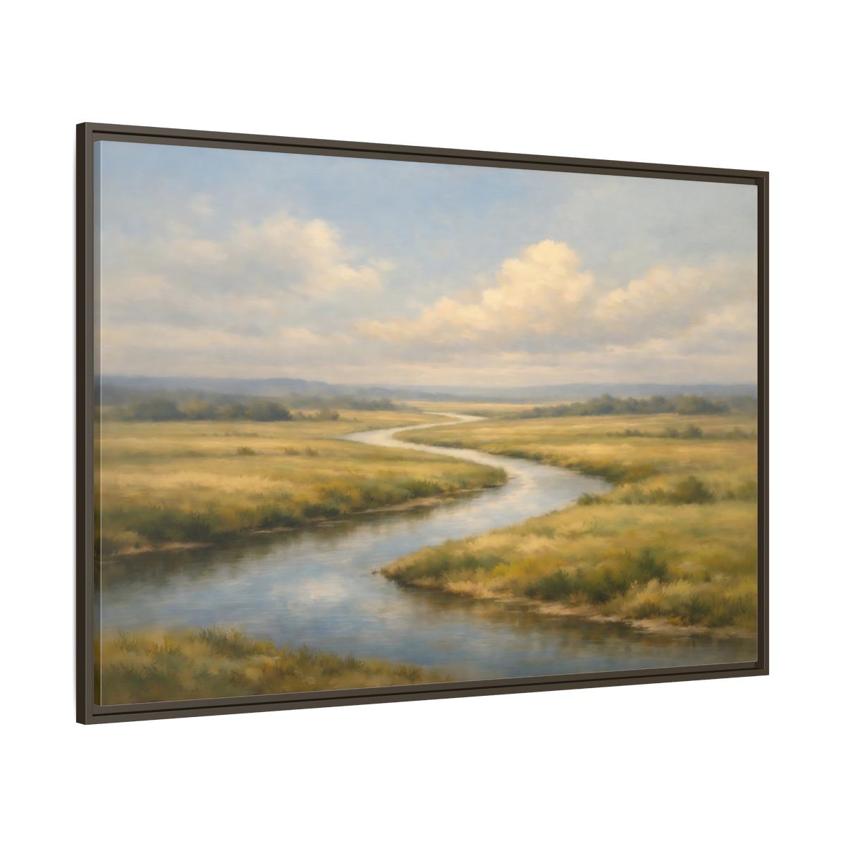 Main Mockup. Nature Winding River Blue And Gold shown as stretched canvas wall art