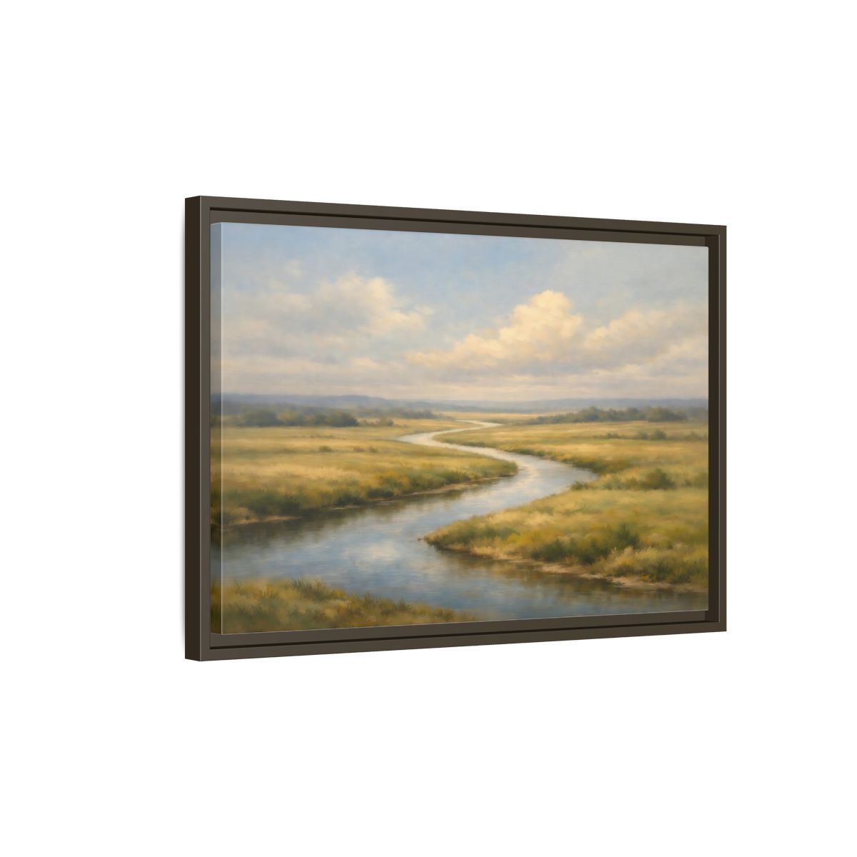 Side Mockup 2. Nature Winding River Blue And Gold shown as stretched canvas wall art