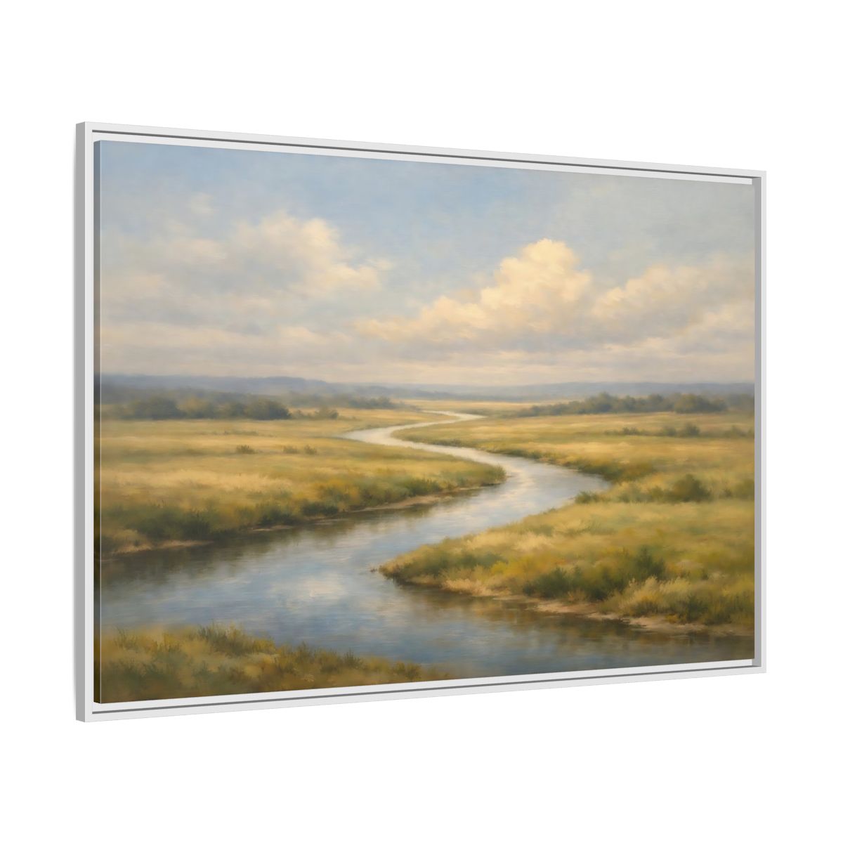 Side Mockup 7. Nature Winding River Blue And Gold shown as stretched canvas wall art