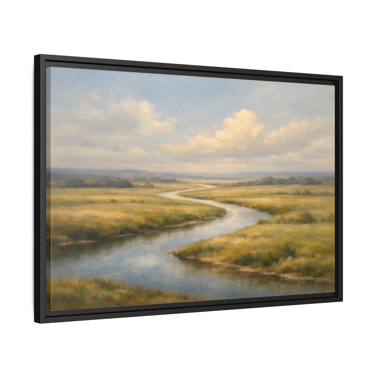 Side Mockup 14. Nature Winding River Blue And Gold shown as stretched canvas wall art