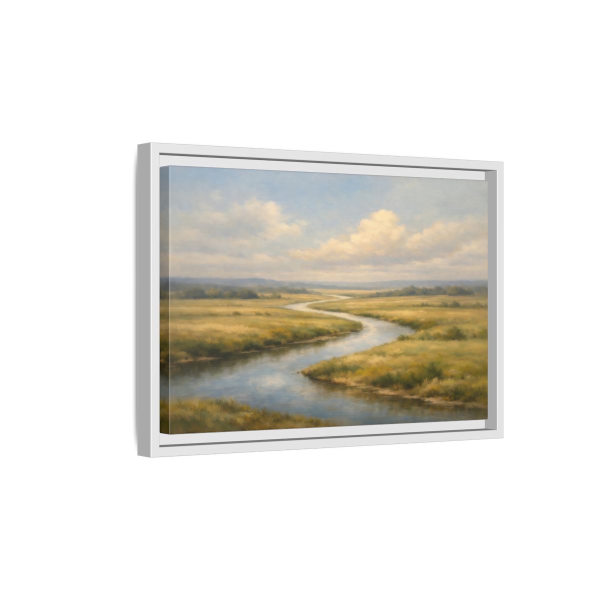 Side Mockup 4. Nature Winding River Blue And Gold shown as stretched canvas wall art